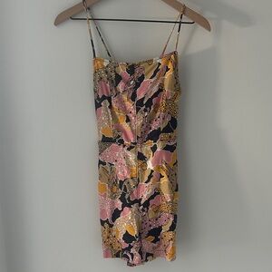 Anthropologie Pink and Yellow Patterned Tie Back Romper